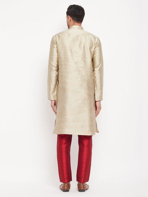 Vastramay Men's Beige Silk Blend Kurta and Maroon Pant Style Pyjama Set